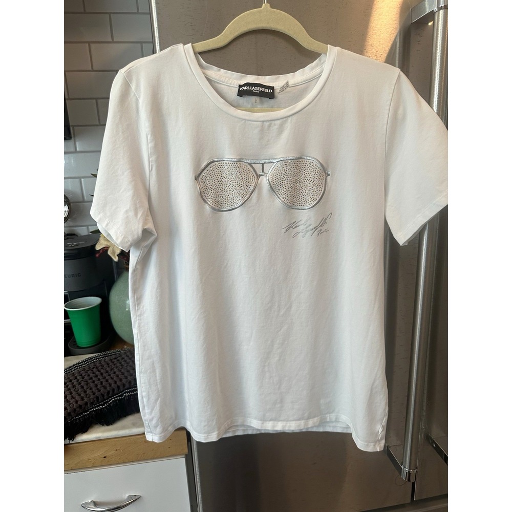 Karl Lagerfeld Paris Women's White Rhinestone Graphic Print Tee Short Sleeve L